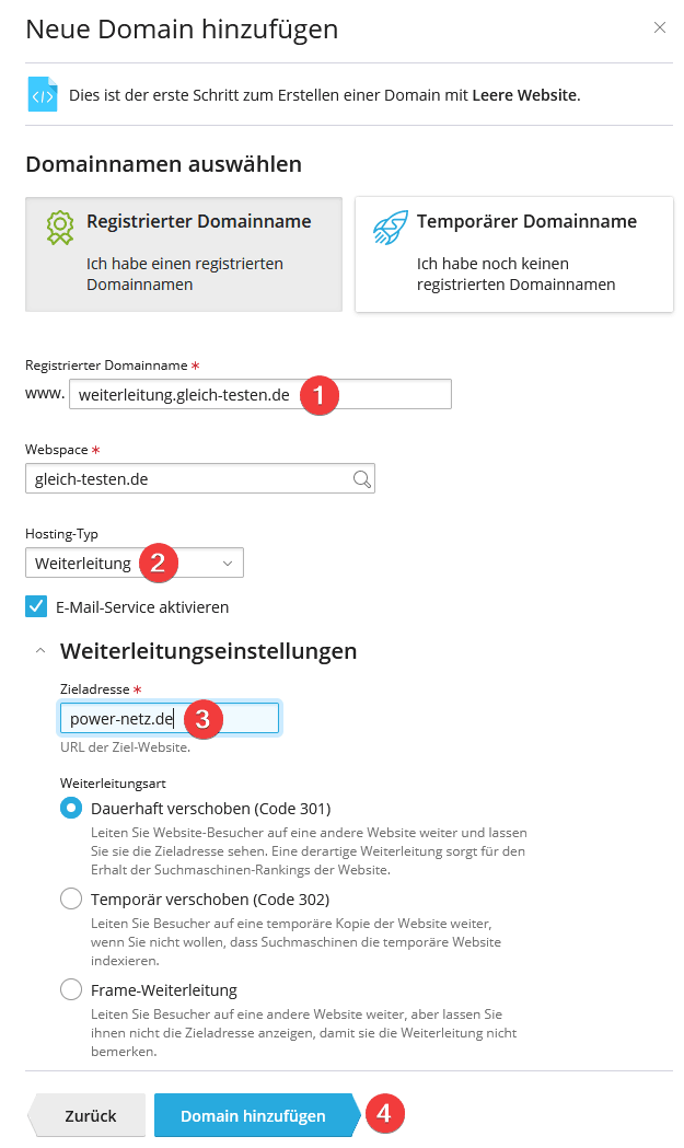 Plesk Domainweiterleitung hinzufügen