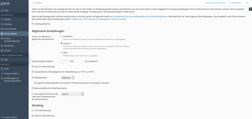 Plesk Service-Paket Hosting-Parameter Plesk Service-Paket Hosting-Parameter