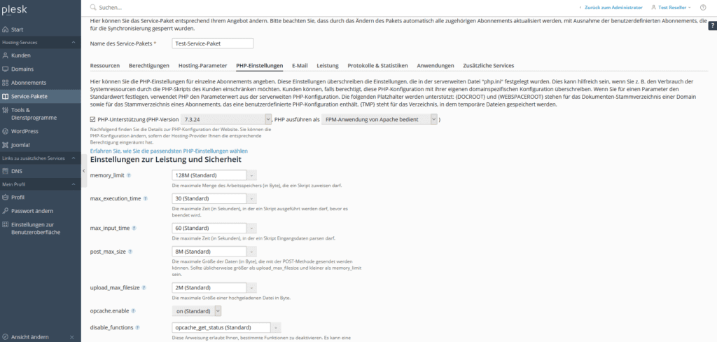 Plesk Service-Paket PHP-Einstellungen Plesk Service-Paket PHP-Einstellungen