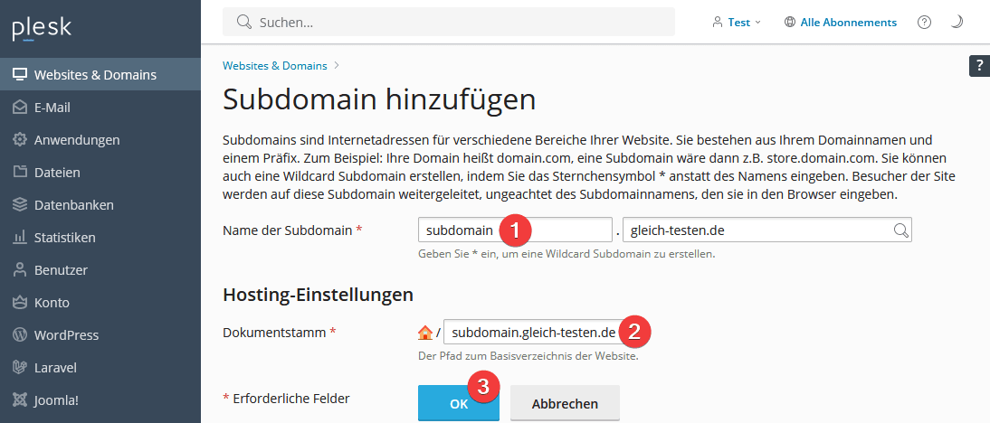 Plesk - Subdomain hinzufügen - Einstellungen