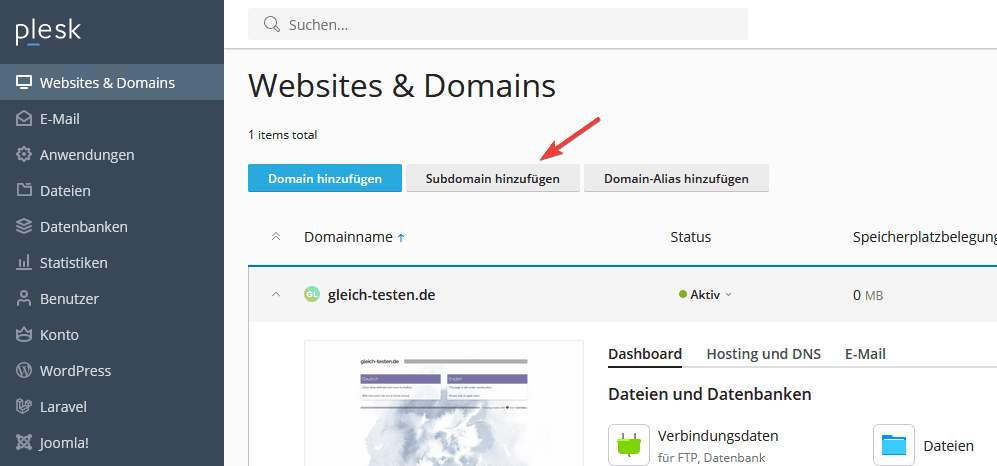 Plesk - Subdomain hinzufügen