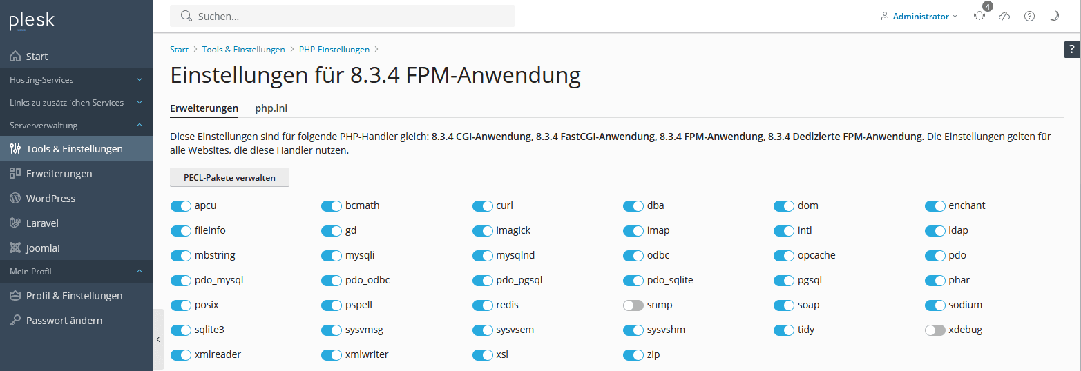 Plesk -> PHP-Einstellungen (Server)