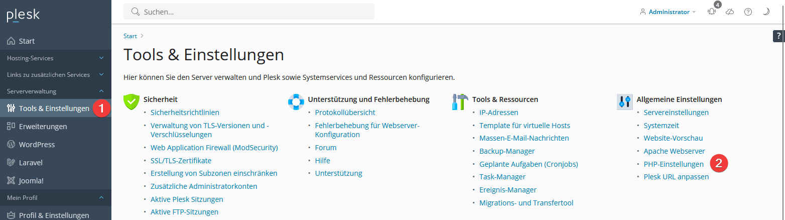 Plesk -> PHP-Einstellungen (Server)