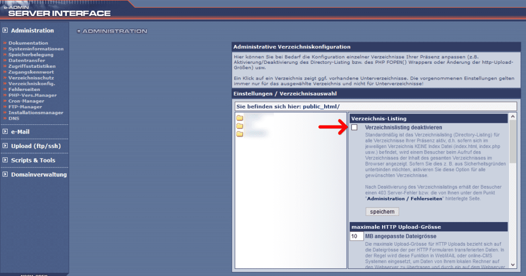 Server-Interface Verzeichnislisting deaktivieren