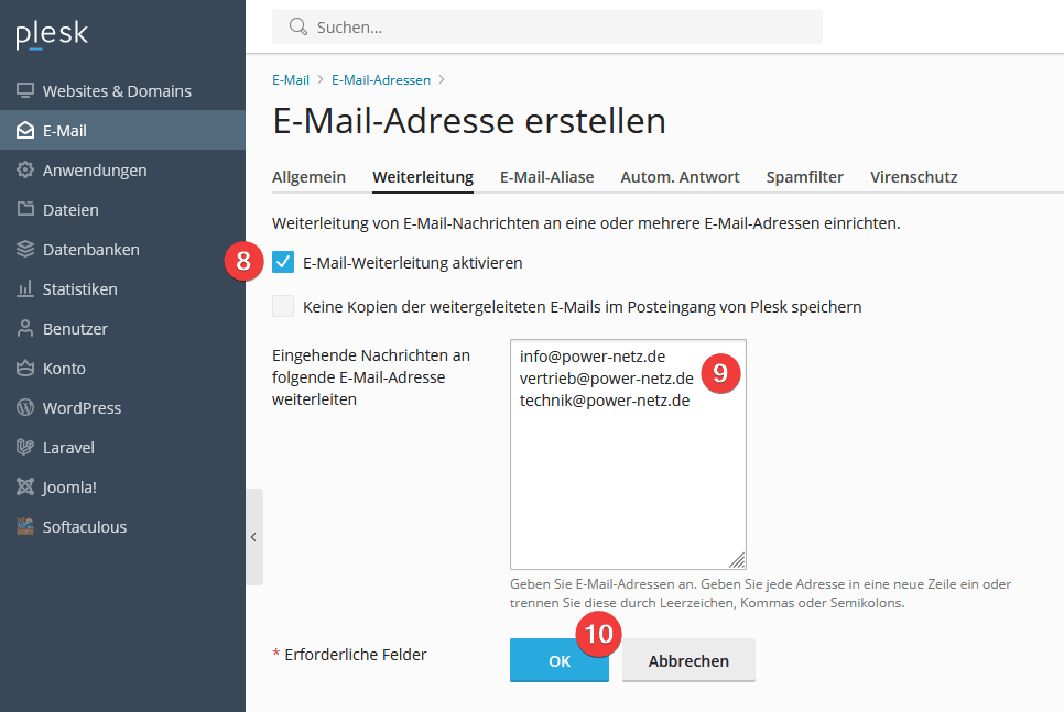 Plesk -> E-Mail -> Weiterleitung