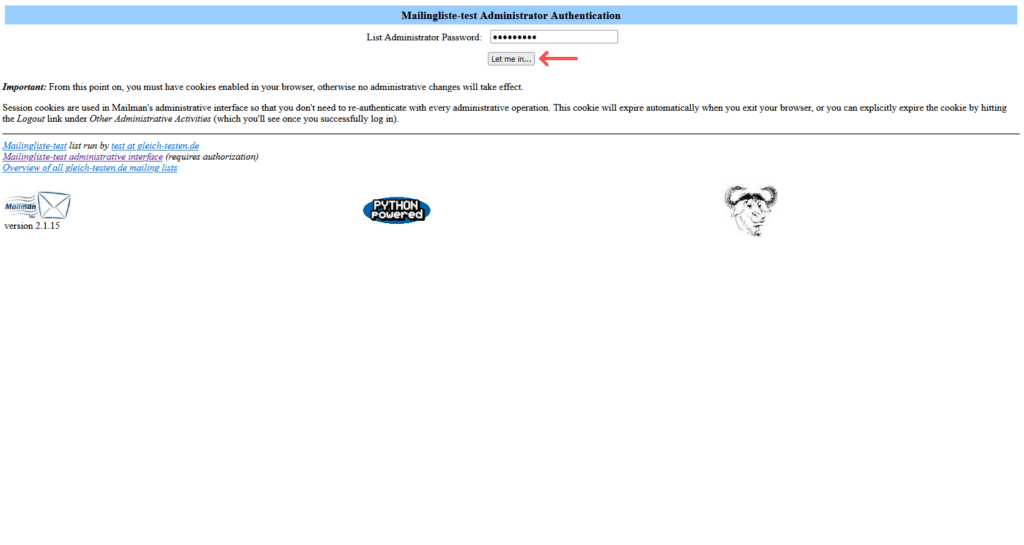 Plesk: Mailingliste - Login