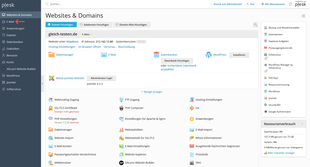 Plesk: Mailingliste - Menü (1)