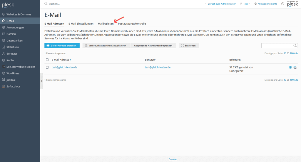 Plesk: Mailingliste - Menü (1)