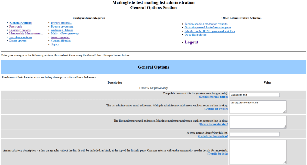 Plesk: Mailingliste - Oberfläche