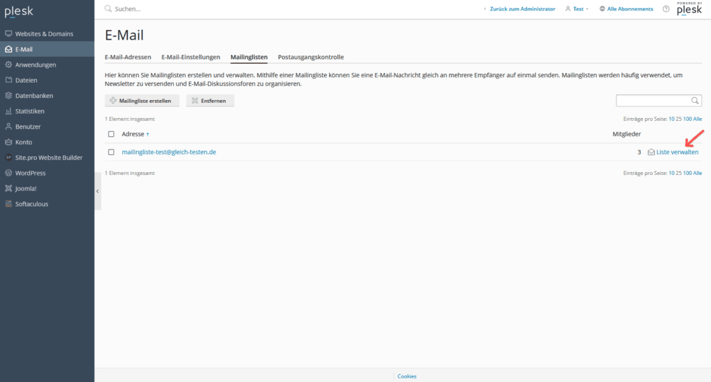 Plesk: Mailingliste - Verwalten