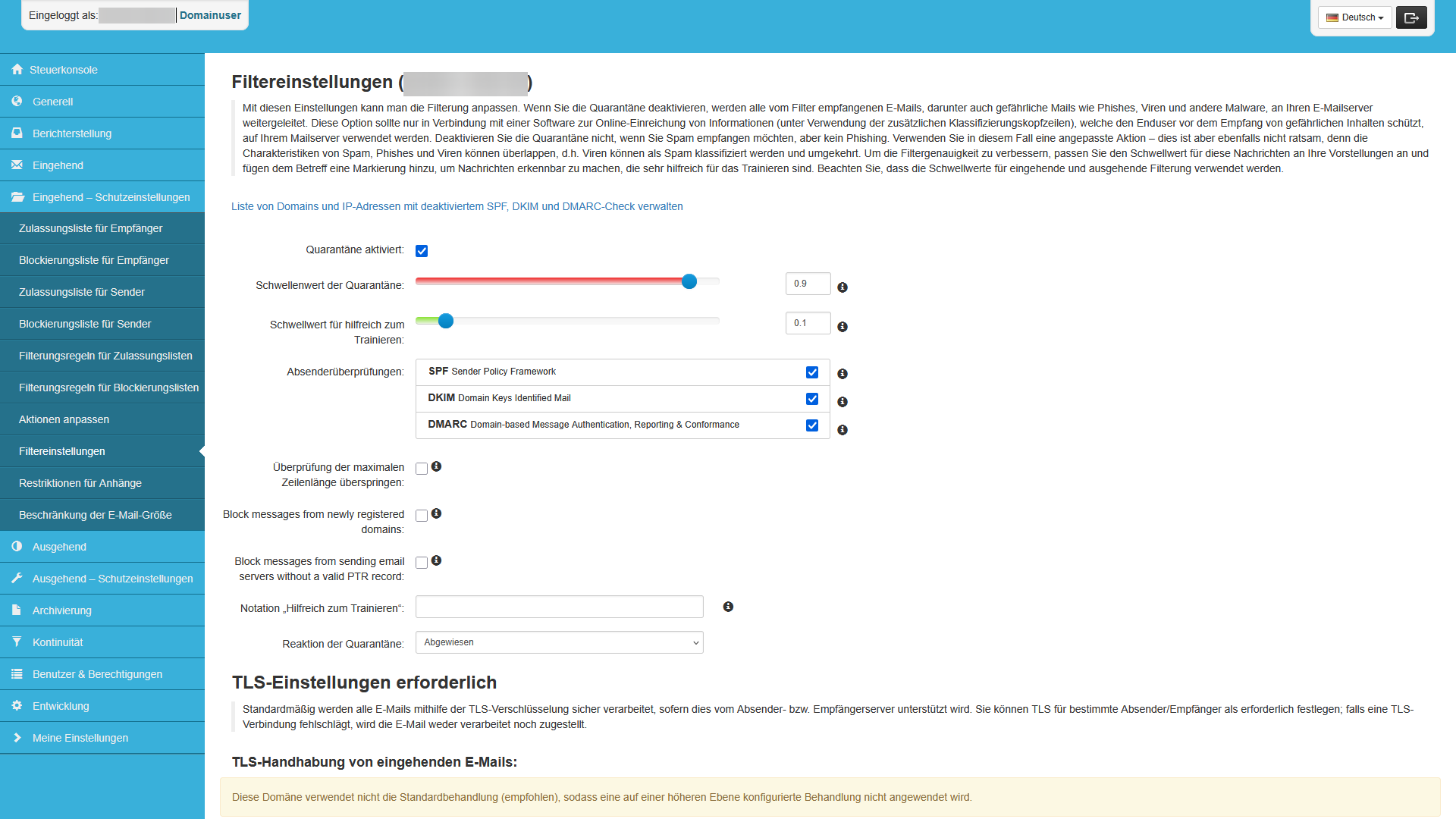 Domainuser: Filtereinstellungen eingehend