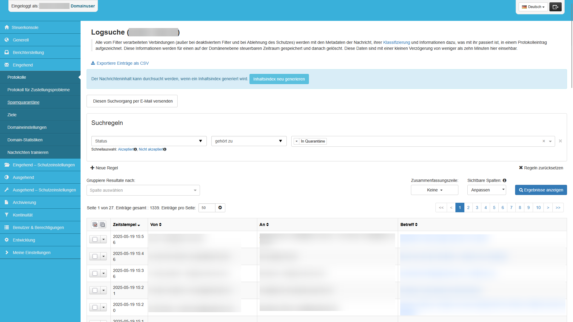 Domainuser: Spamquarantäne