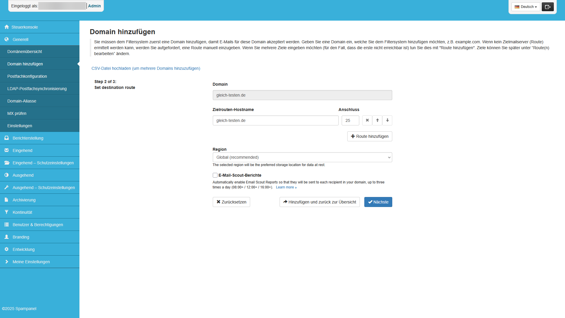 Reseller: Domain hinzufügen - Schritt 2