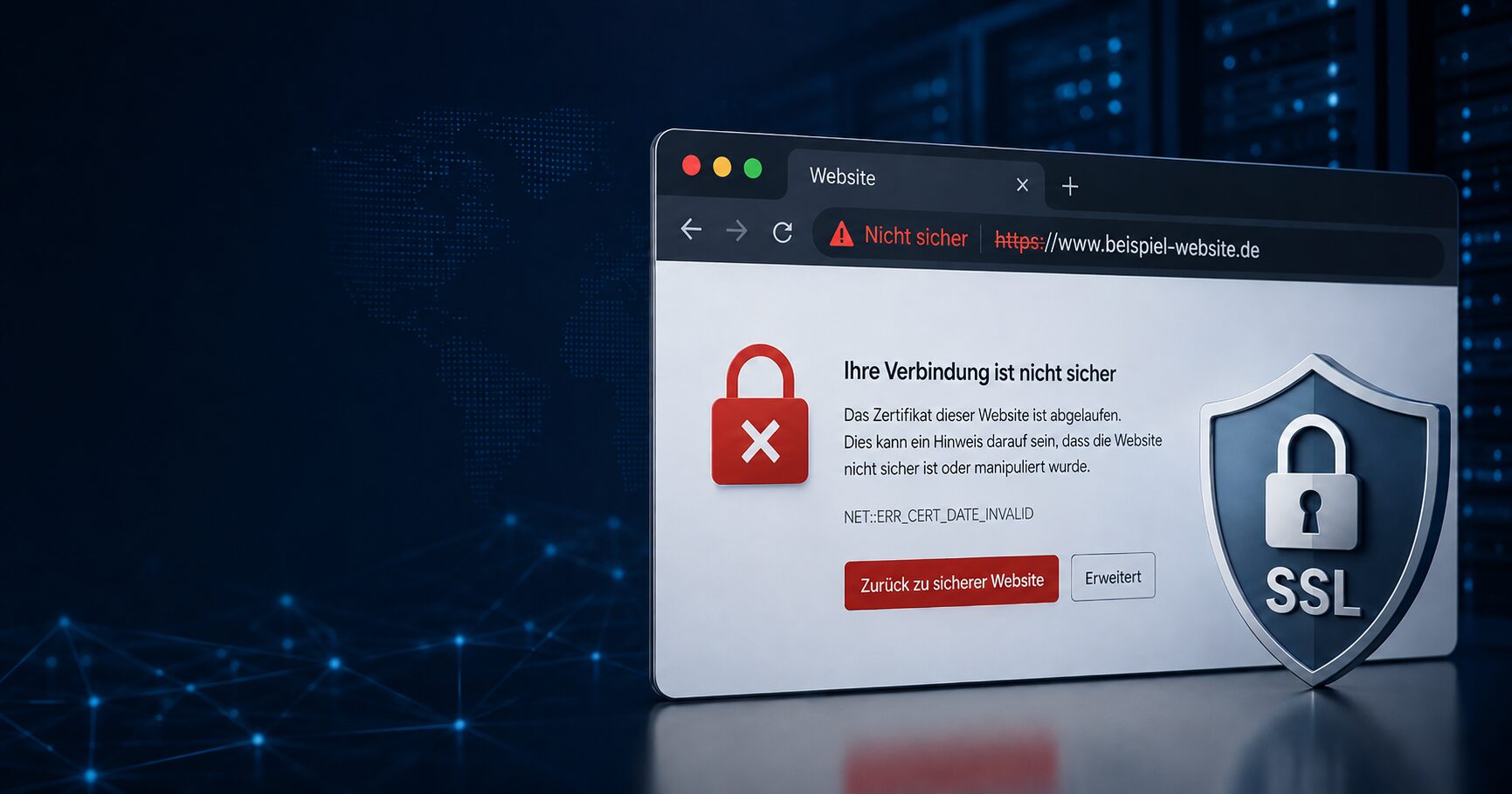 Illustration einer Browserwarnung wegen eines abgelaufenen SSL-Zertifikats