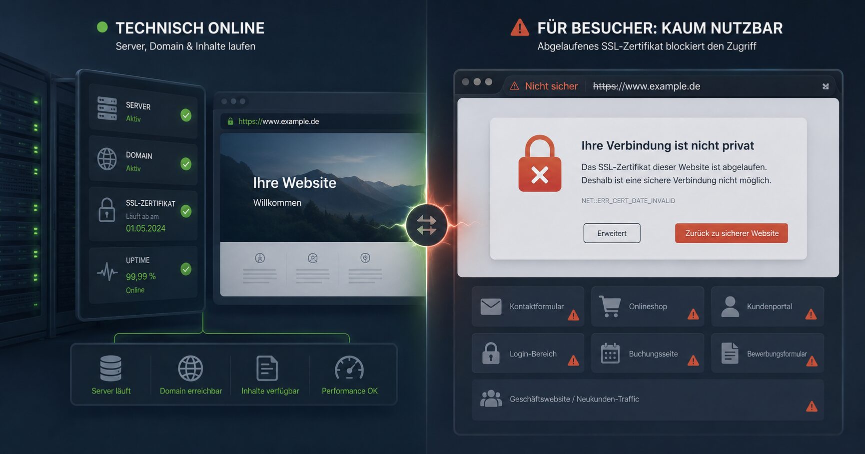 Website technisch online, aber wegen SSL-Warnung kaum nutzbar Website ist technisch online, aber Besucher sehen wegen eines abgelaufenen SSL-Zertifikats eine Sicherheitswarnung