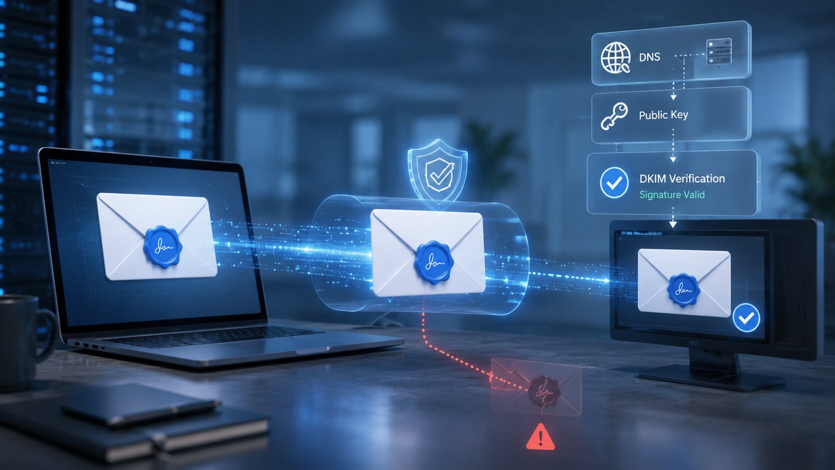 DKIM prüft digitale Signaturen für vertrauenswürdige E-Mails Symbolbild zur DKIM-Prüfung: Eine signierte E-Mail wird über DNS und öffentlichen Schlüssel geprüft und als unverändert bestätigt.