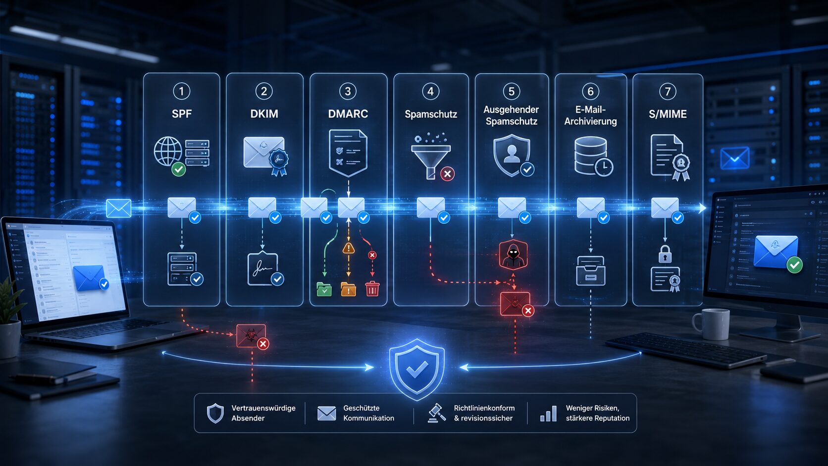 Mehrschichtige E-Mail-Sicherheit mit SPF, DKIM, DMARC, Spamschutz, Archivierung und S/MIME Infografik zur E-Mail-Sicherheit: SPF, DKIM, DMARC, Spamschutz, ausgehender Spamschutz, E-Mail-Archivierung und S/MIME arbeiten zusammen.