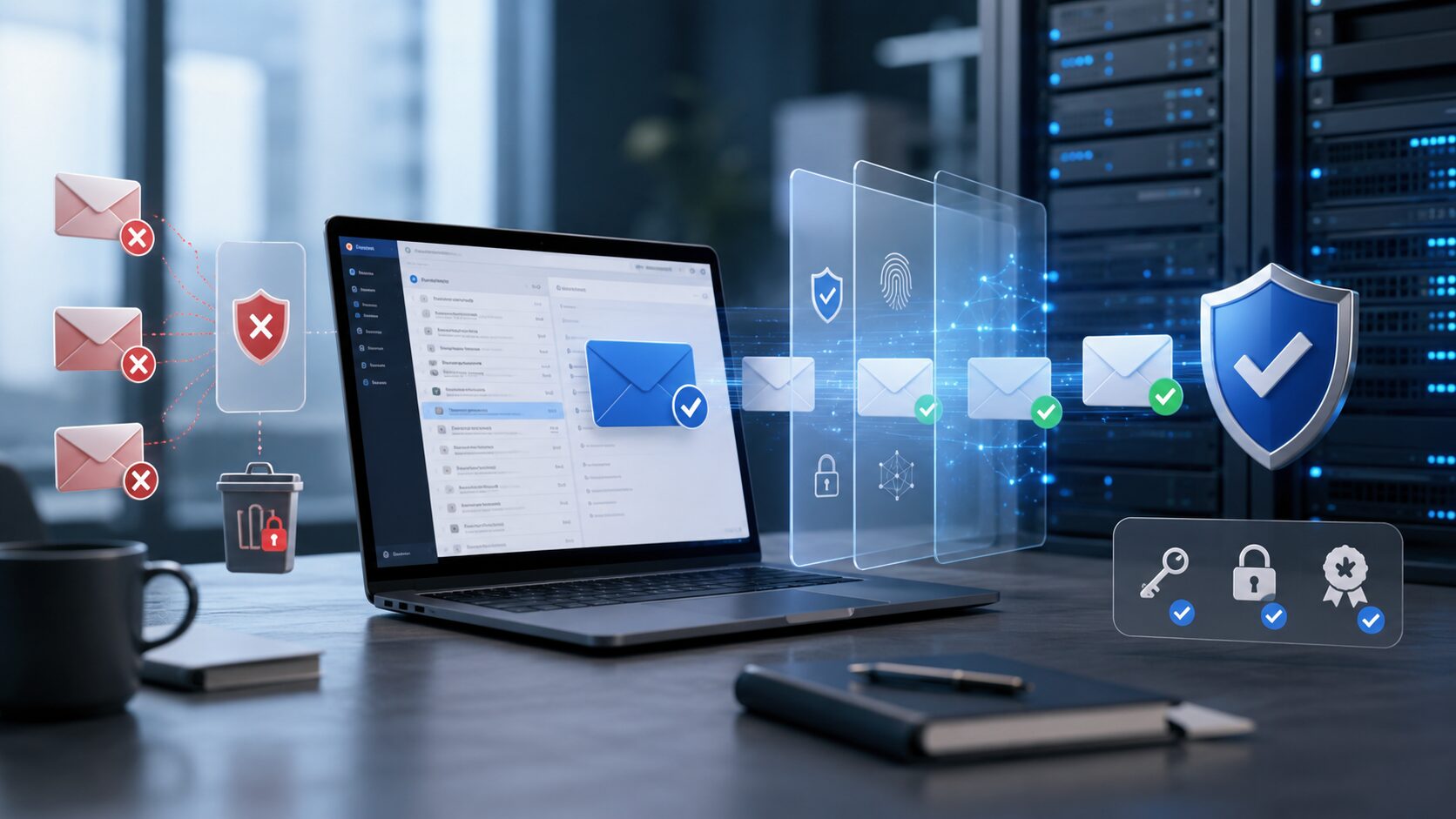 Sichere E-Mail-Kommunikation mit Spamschutz, SPF, DKIM, DMARC und S/MIME Symbolbild für sichere E-Mail-Kommunikation: geprüfte und blockierte E-Mails, Spamschutz, Server, Verschlüsselung und digitale Signatur.