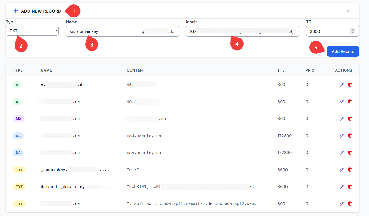 DKIM-Record von SpamExperts als TXT-Record in der DNS-Zone hinzufügen