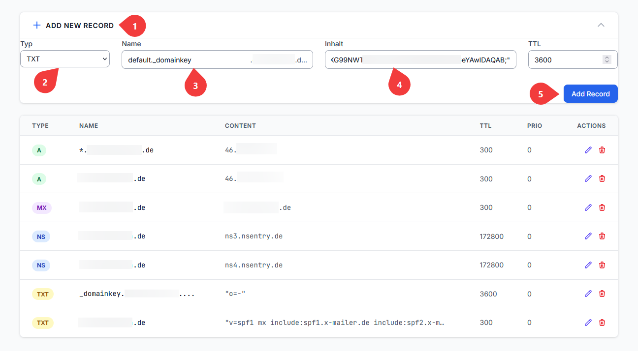 DKIM-Record als TXT-Record in der DNS-Zone hinzufügen