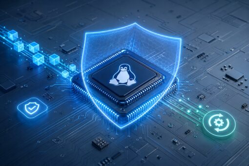 Automatische Linuxkernel-Updates mit KernelCare eschützter Linuxkernel mit automatischem Update-Symbol und verbundenen Serversystemen als Darstellung für laufend eingespielte Sicherheitspatches.