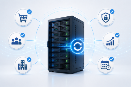 Einsatzbereiche von KernelCare Geschützter Managed Server, verbunden mit Symbolen für Onlineshops, Websites, Unternehmen und leistungsstarke Anwendungen.