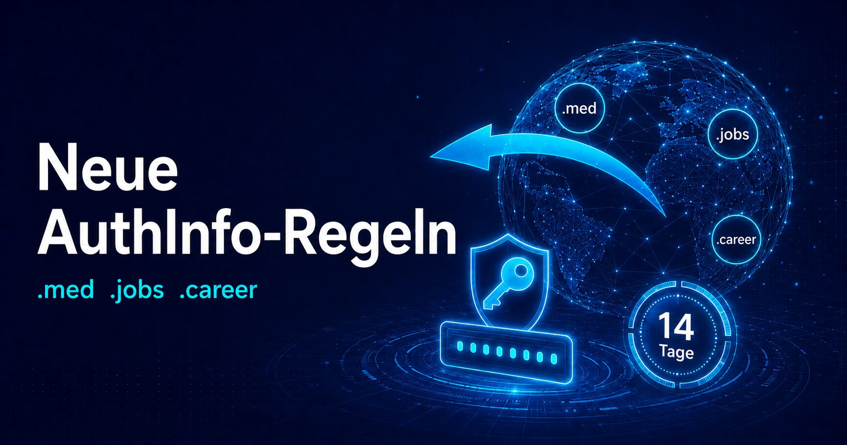 Neue AuthInfo-Regeln mit 14 Tagen Gültigkeit für .med, .jobs und .career-Domains Neue AuthInfo-Regeln mit 14 Tagen Gültigkeit für .med, .jobs und .career-Domains