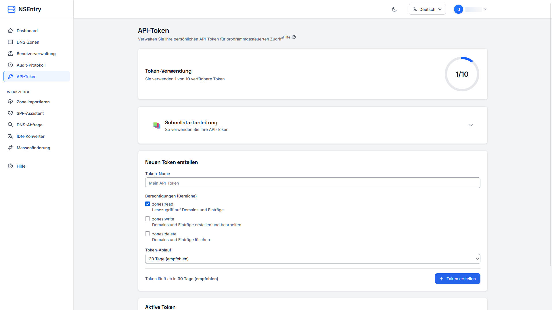 API-Token mit Berechtigungen und Ablaufzeit in NSentry erstellen