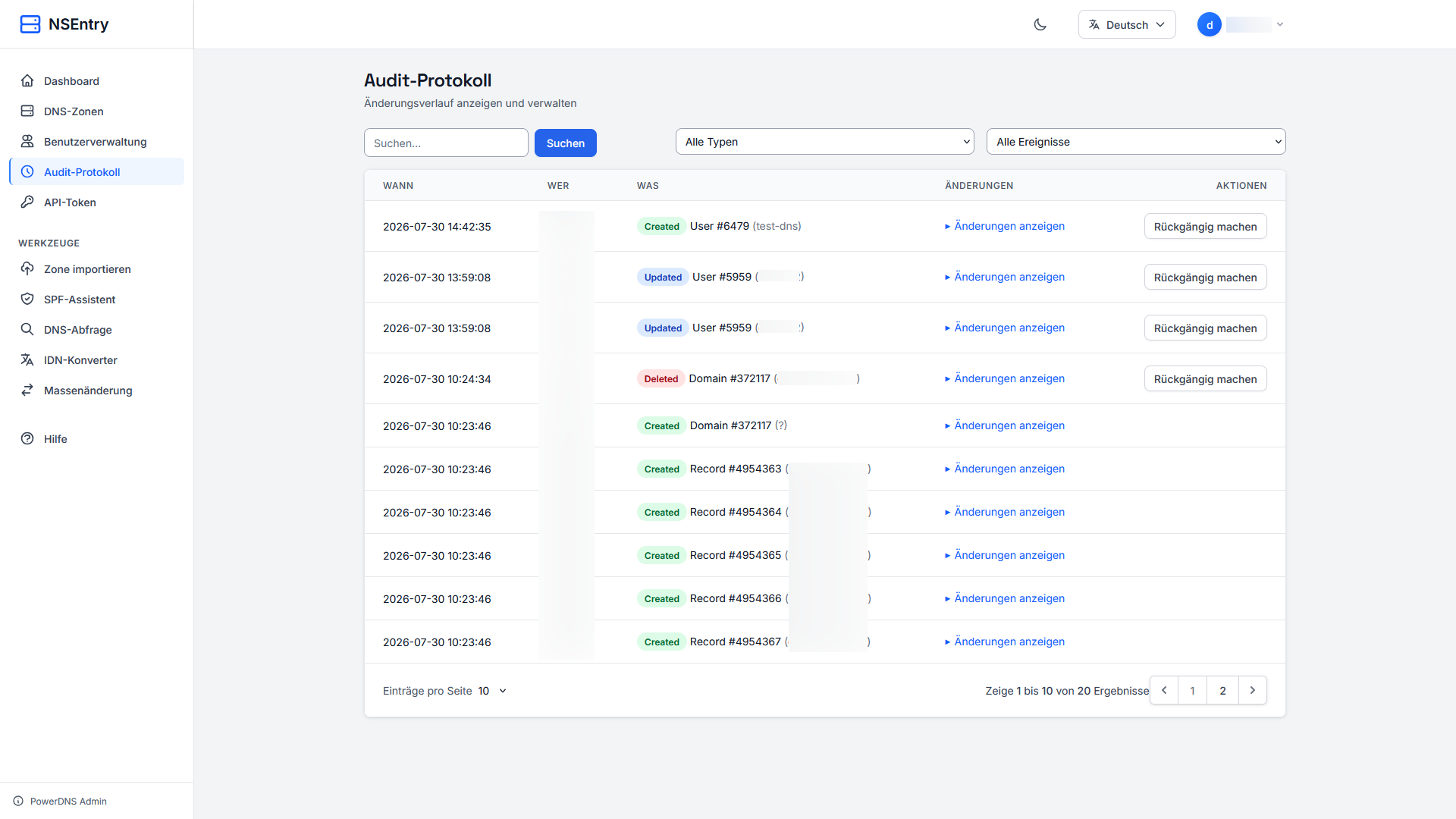 Änderungen an Benutzern, DNS-Zonen und Einträgen im NSentry Audit-Protokoll