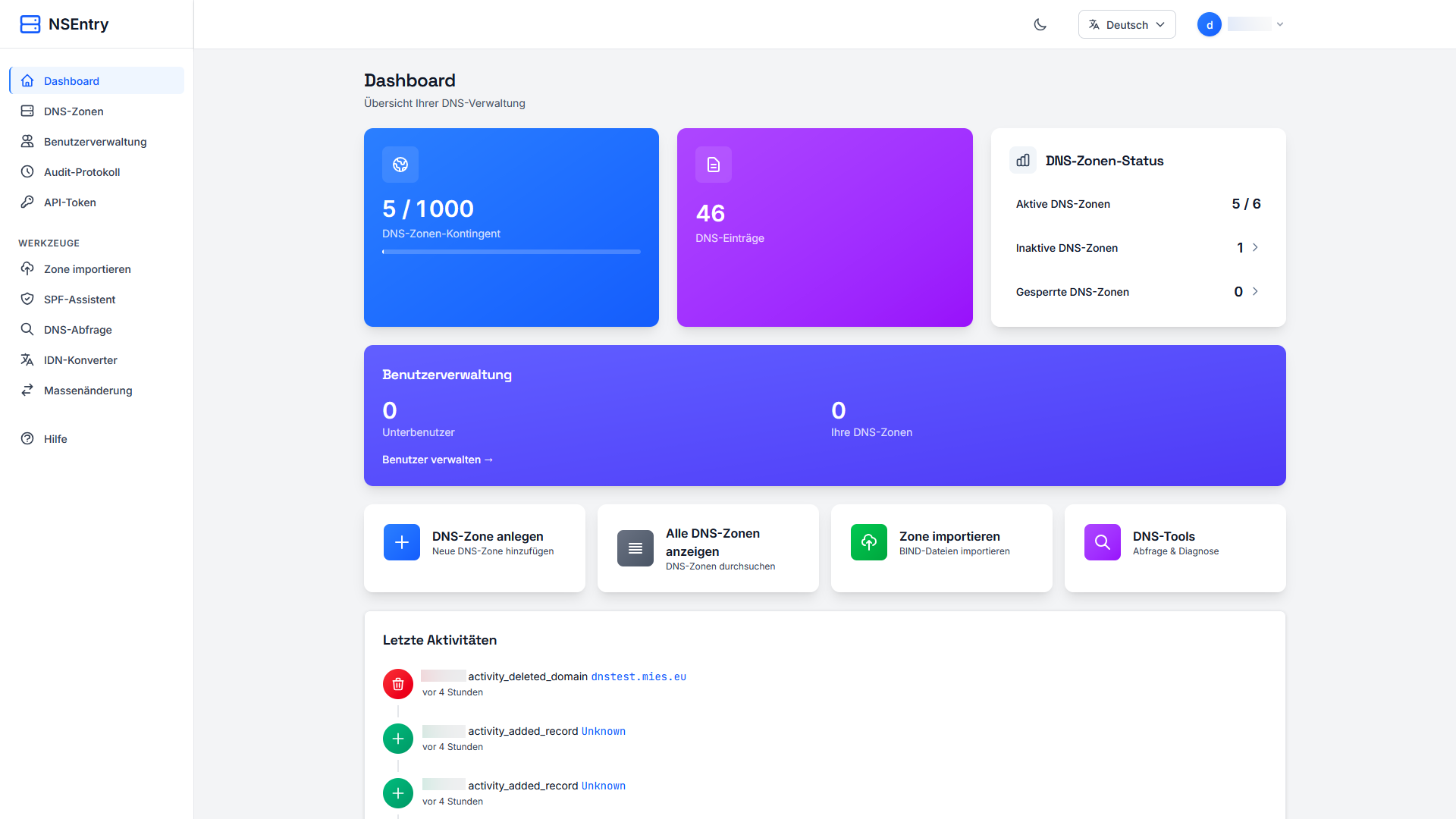 Dashboard der NSentry DNS-Verwaltung