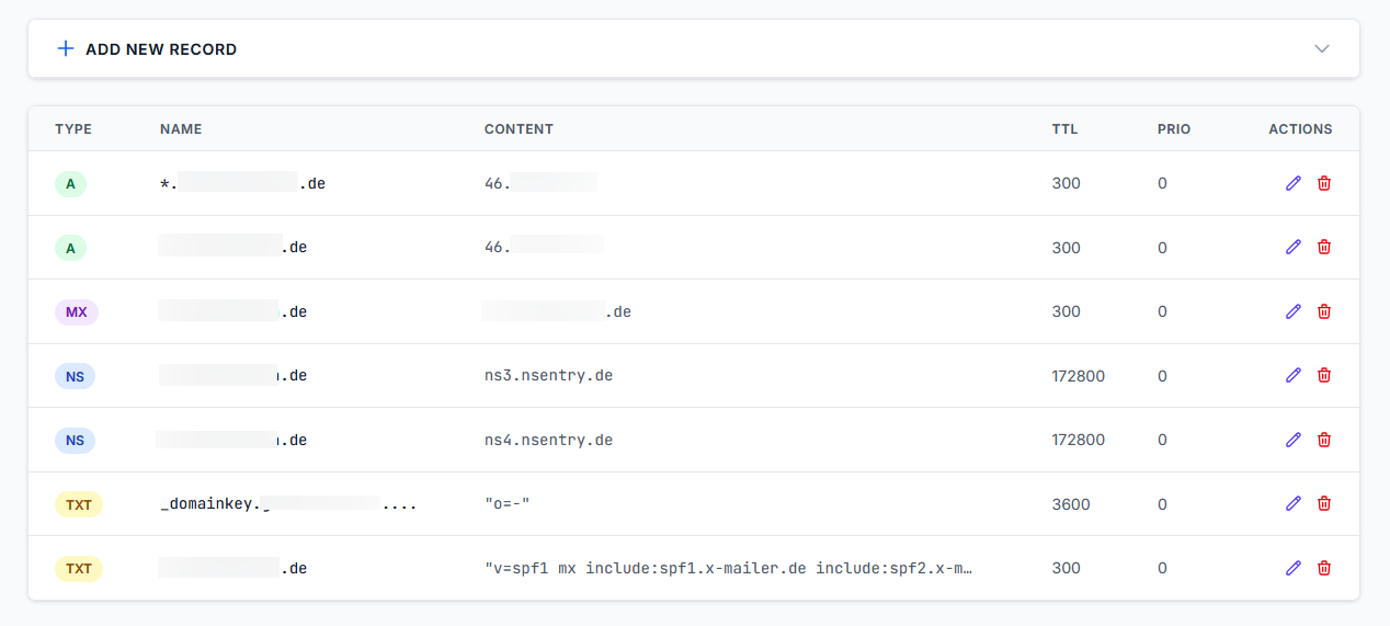 DNS-Einträge einer Domain in NSentry anzeigen und bearbeiten