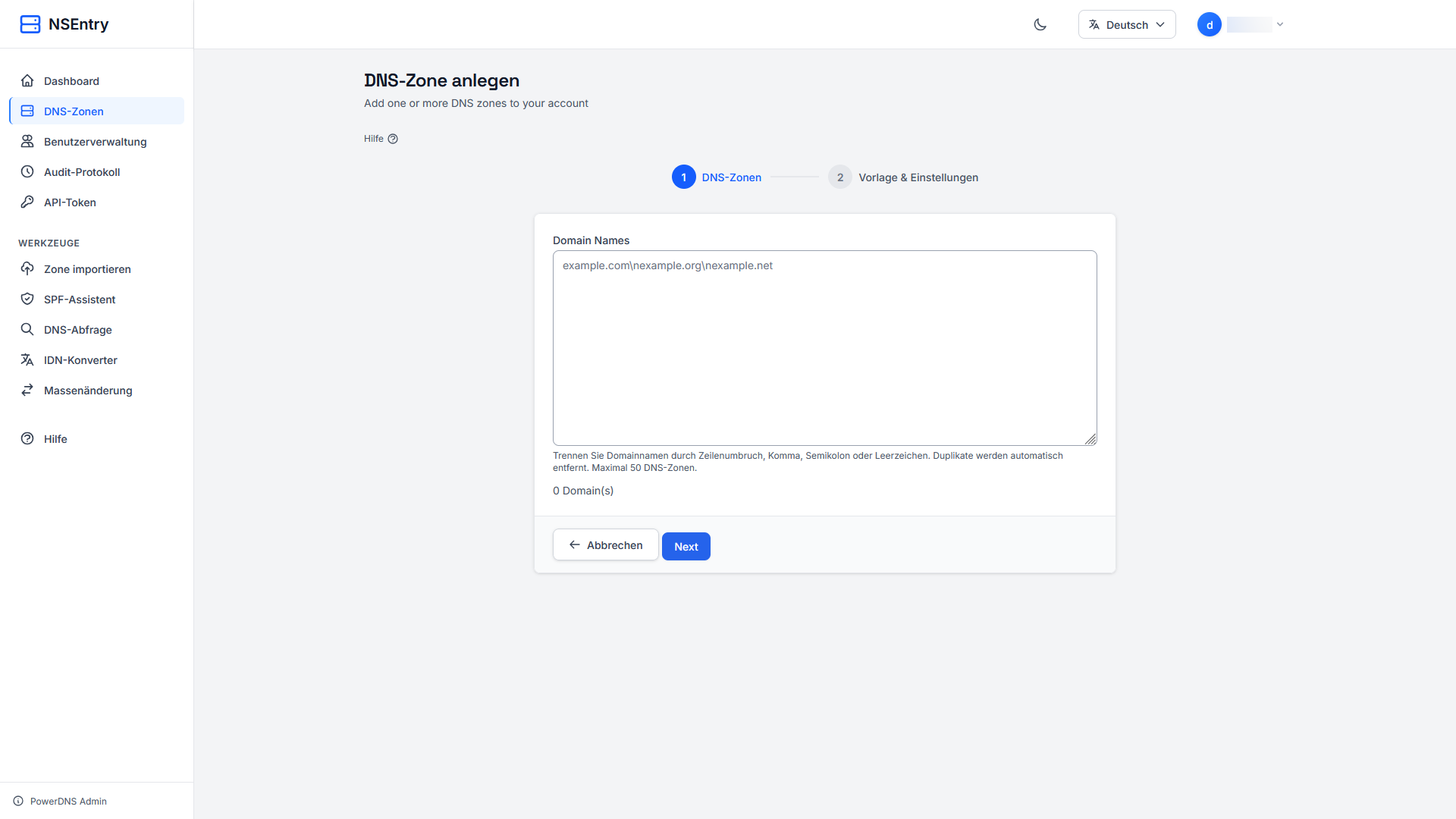 Eine oder mehrere DNS-Zonen gleichzeitig in NSentry anlegen
