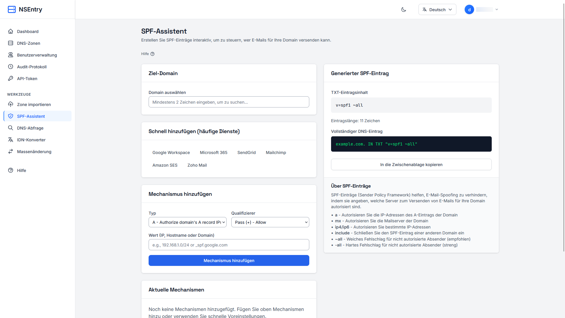 SPF-Record mit dem SPF-Assistenten in NSentry erstellen