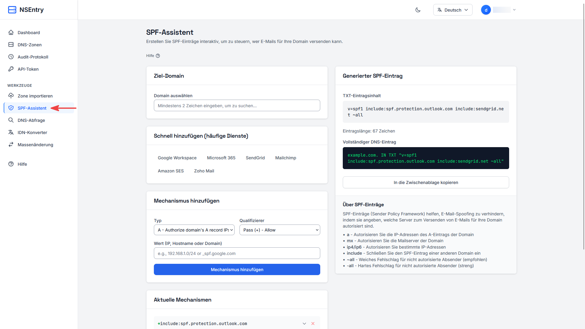 SPF-Record mit dem SPF-Assistenten in NSentry erstellen