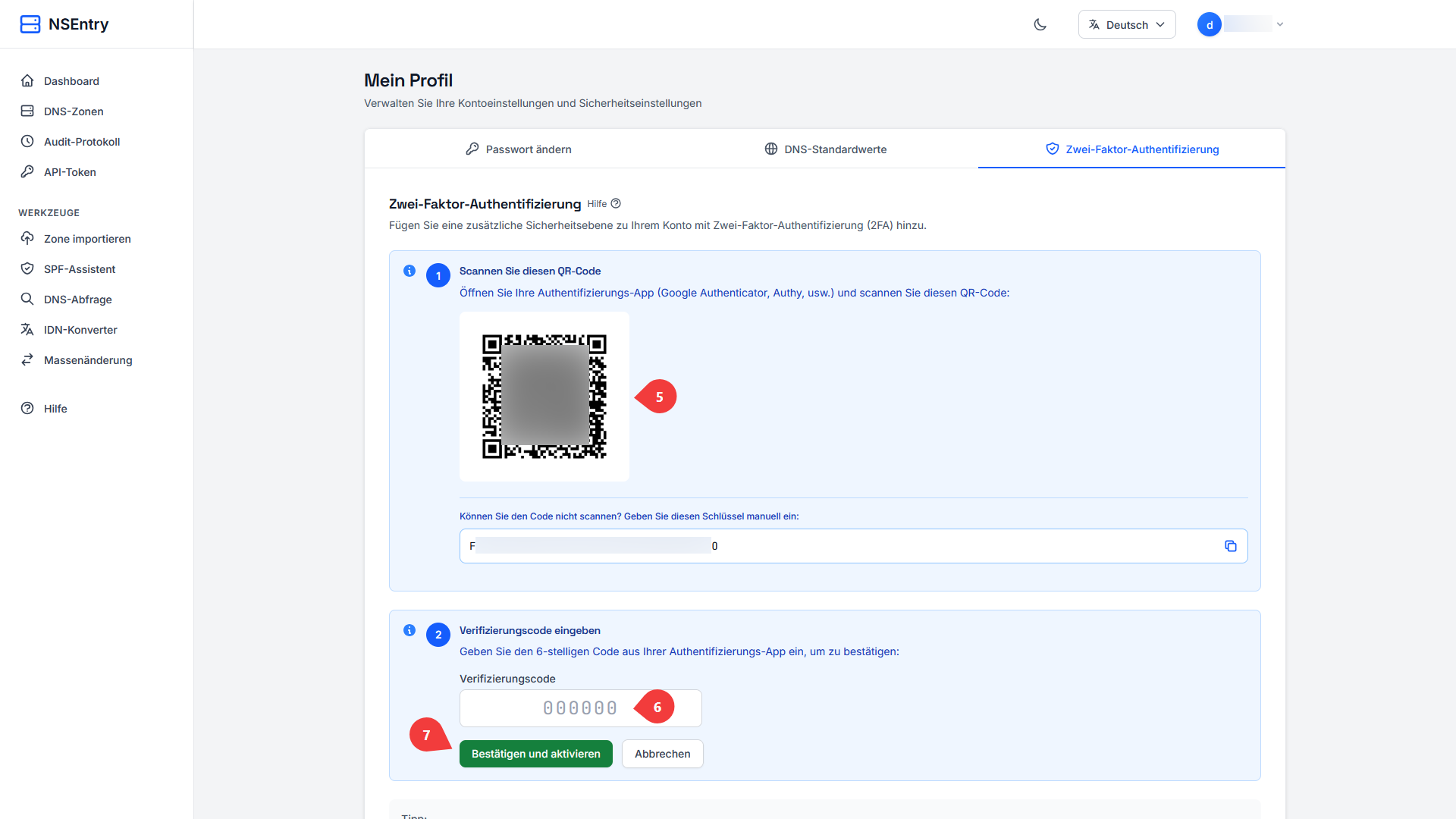 QR-Code mit einer Authenticator-App scannen und Verifizierungscode in NSentry eingeben