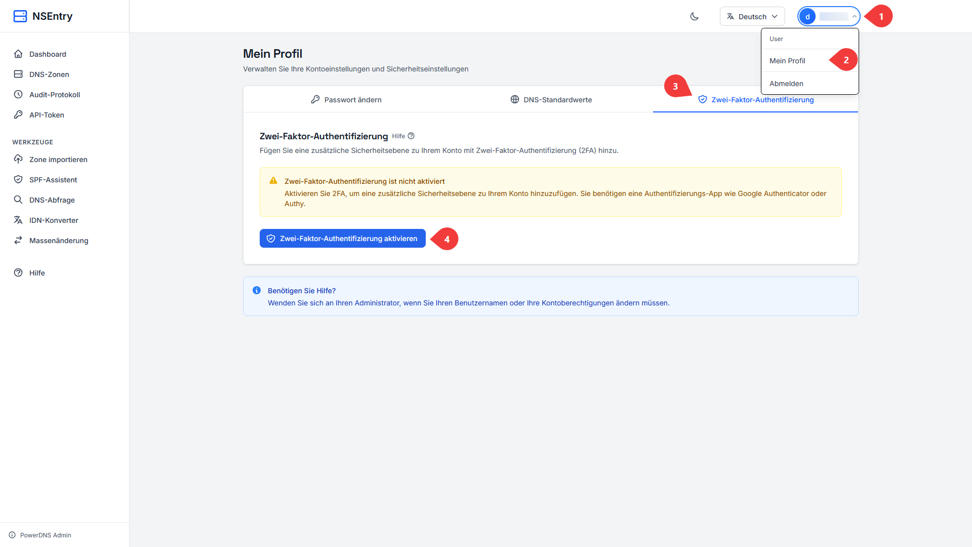 Zwei-Faktor-Authentifizierung im NSentry-Profil aufrufen und aktivieren